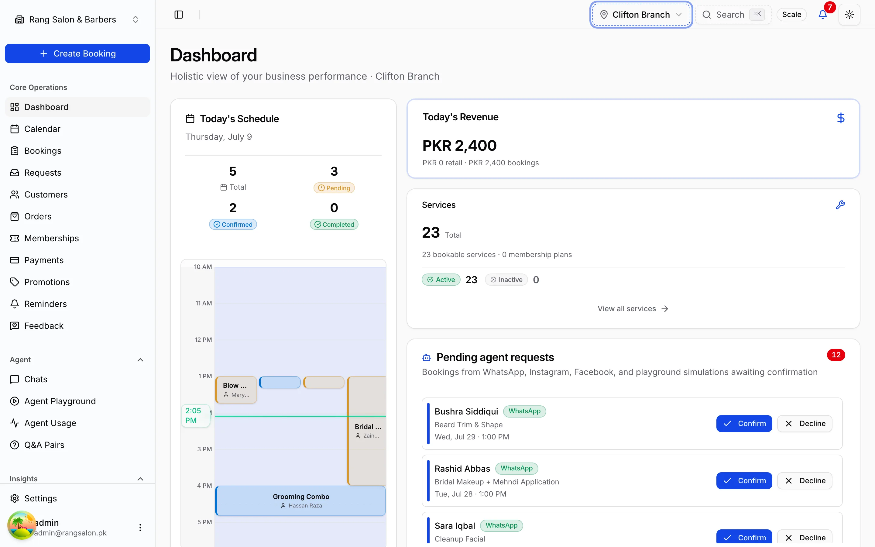 Pitstop dashboard showing today's bookings and revenue