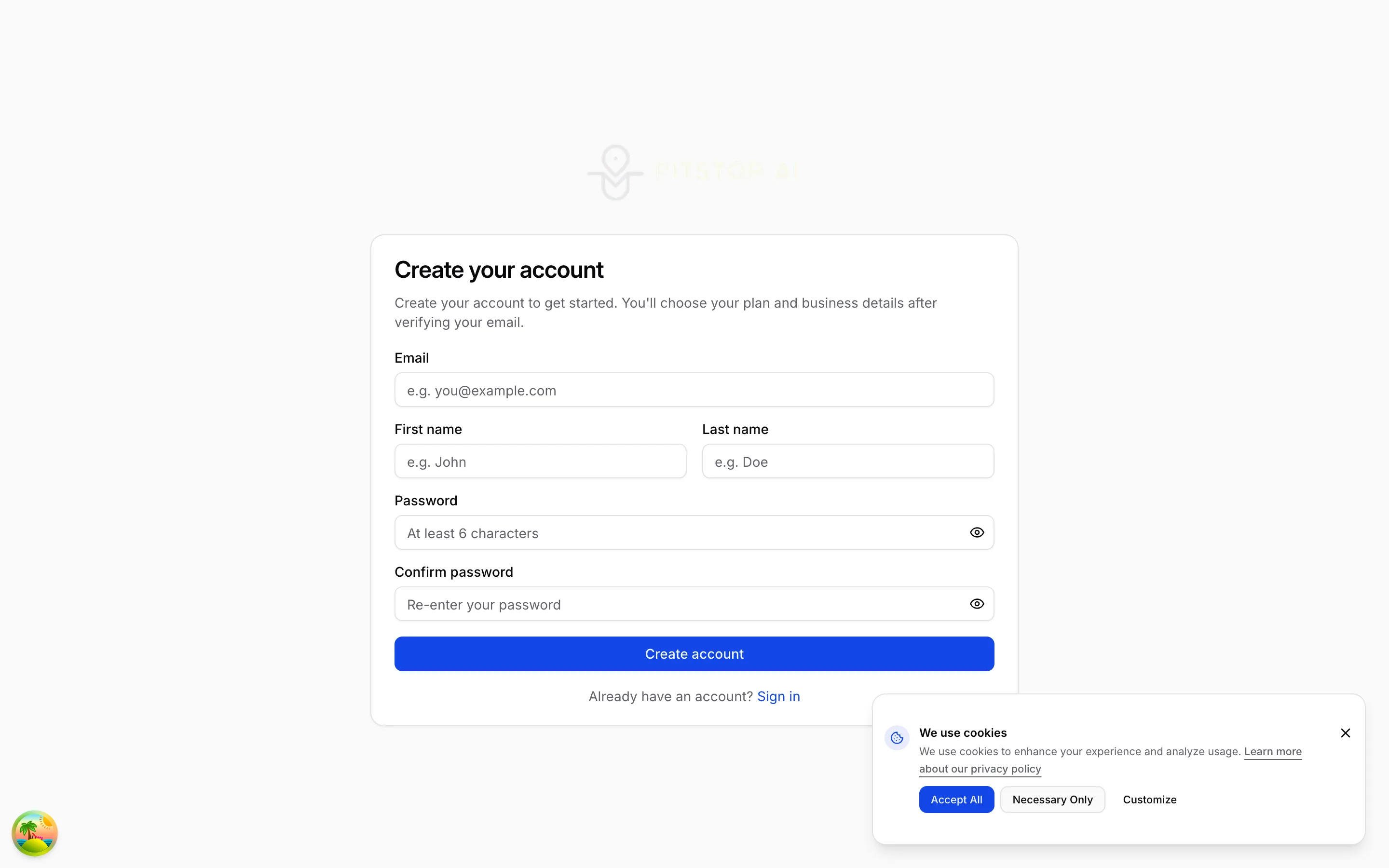 Pitstop sign-up page: create your account
