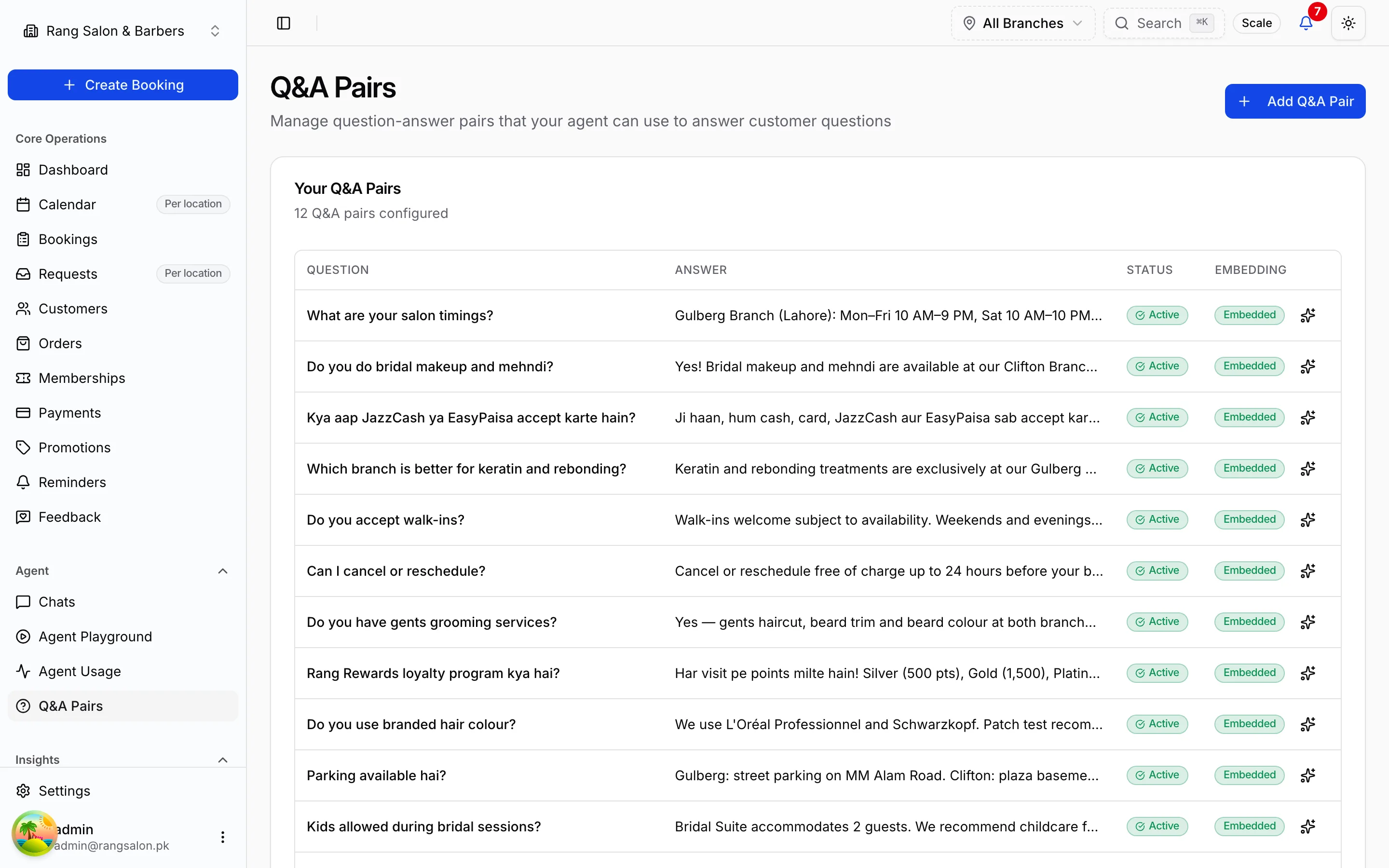 Q&A Pairs page showing FAQ entries for the AI knowledge base