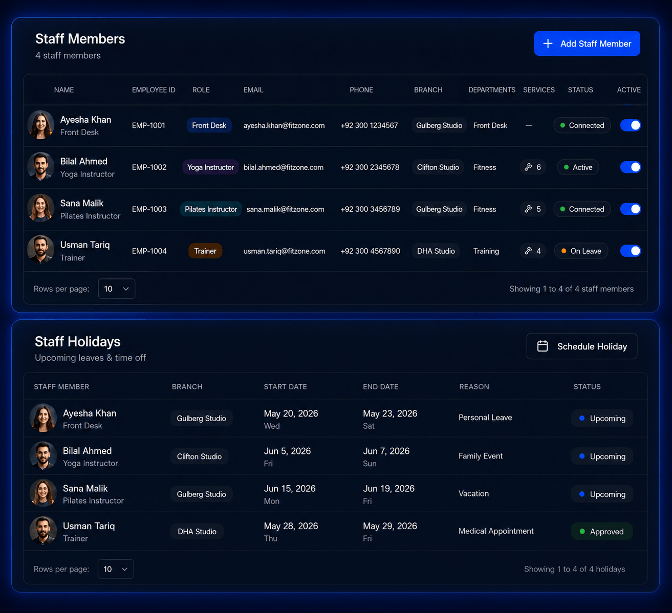 Pitstop staff dashboard showing team members and upcoming staff holidays