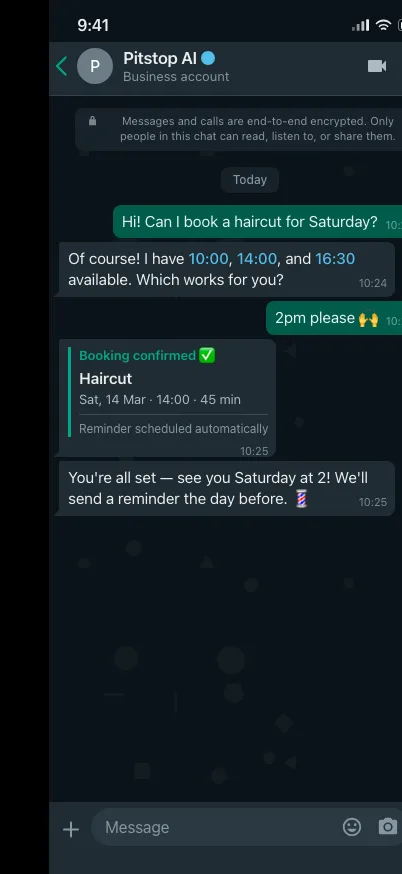 Animated WhatsApp booking conversation with Pitstop AI confirming a haircut appointment